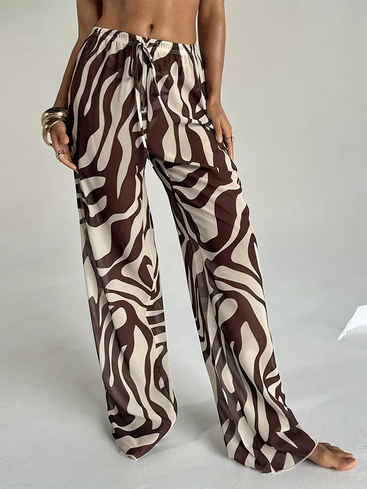 Women Stripe Trim Cover Up Pants Beach Cover Up Trousers Cover Ups For Swimwear Beach Ruffle Pants 2026 Summer Pants