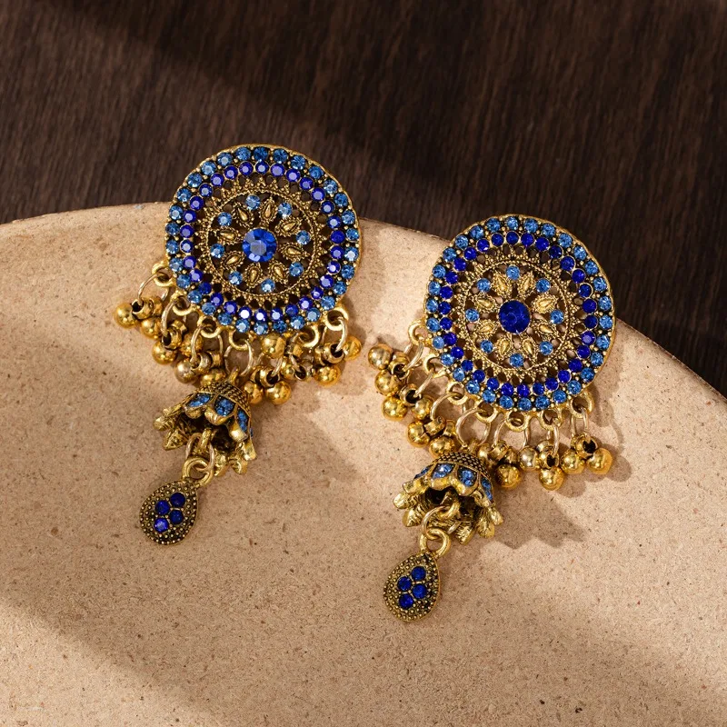 New Jhumka Crystal Blue strass orecchini Danglers Indian Retro Women Long Bell nappa orecchino Gypsy Jewelry Pendientes Mujer