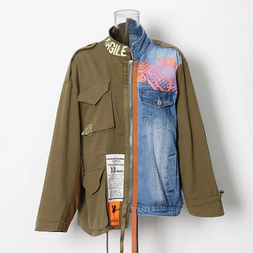2024 New Denim Jacket Women Spring Jacket Long Sleeve Fake Two Piece Denim Coat Autumn High Quality Lapel Patchwork Vintage