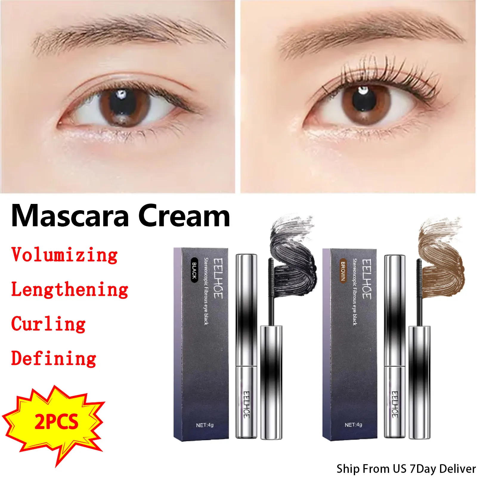 2pcs Mascara cream black/brown Stereoscopic Fibrous Volumizing Lengthening Defining Curling Multiplying Lasting Eye Lash Mascara