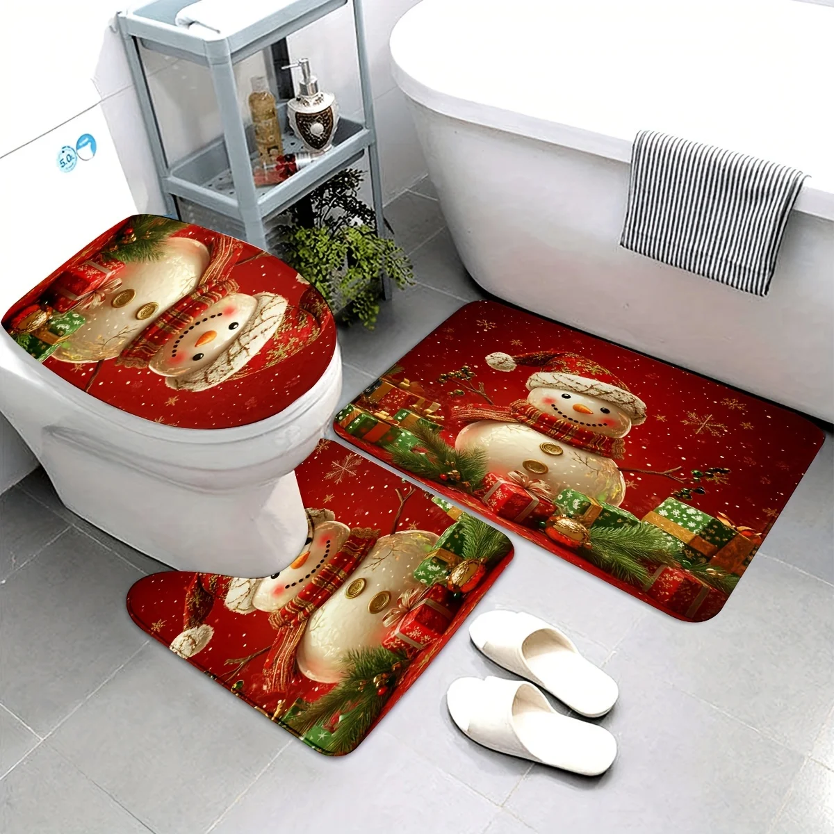 

Рождественский снеговик и подарочный принт из 3 предметов, U-образный коврик, нескользящий коврик, чехол на сиденье унитаза, подходит для украшения ванной комнаты