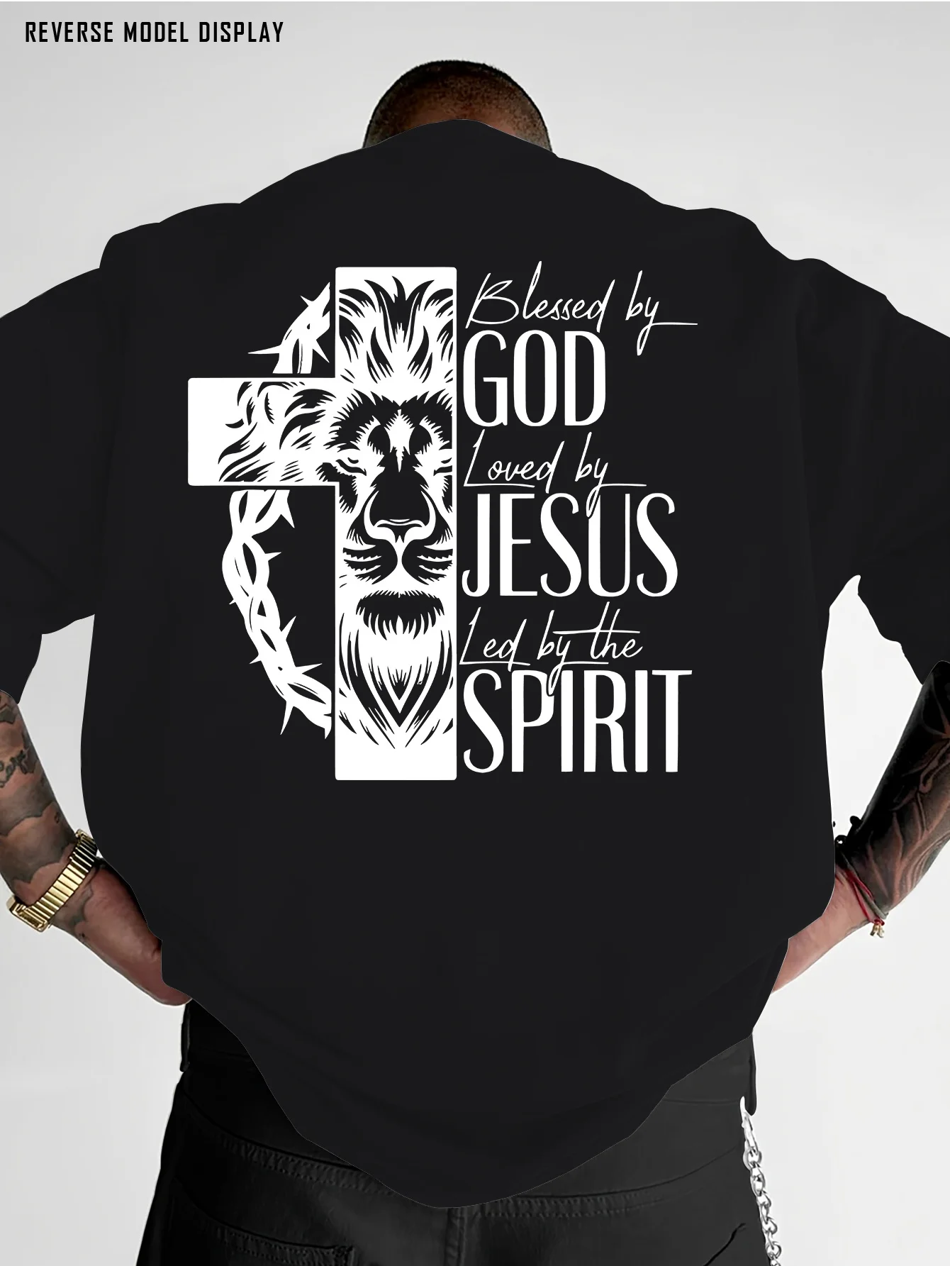 Family Matching T‑Shirt Black Lion Cross Thorn Wreath Graphic Back Print Mixed Script Bold Letter Streetwear Sleeve Tee Tops