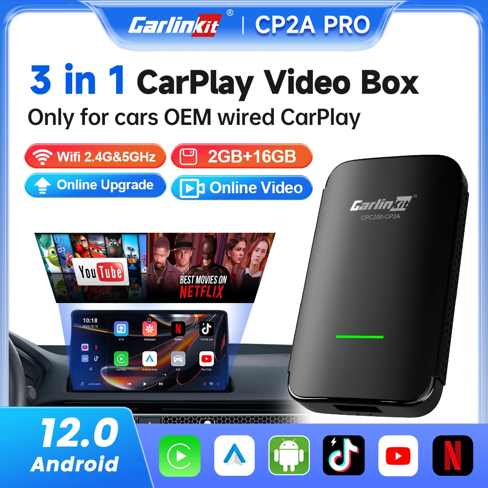CarlinKit 4.0 Pro Android 12 CarPlay Wireless Adapter Android Auto Car TV Box Streaming Video App Built-in for OEM Wired CarPlay