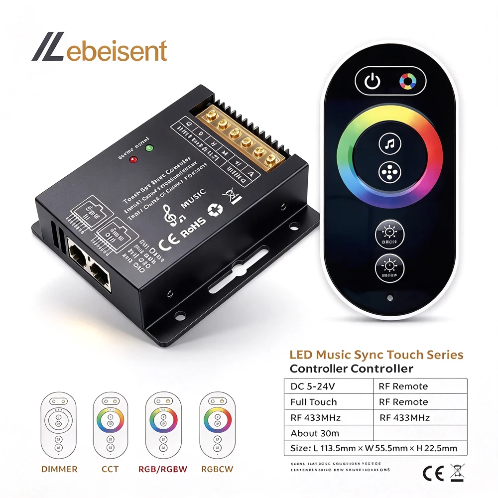 Touch Sync Music LED Controller DC5-24V RF433Mhz Full Touch Remote RJ45 Sync Aluminum Housing for LED Strip Dimmer