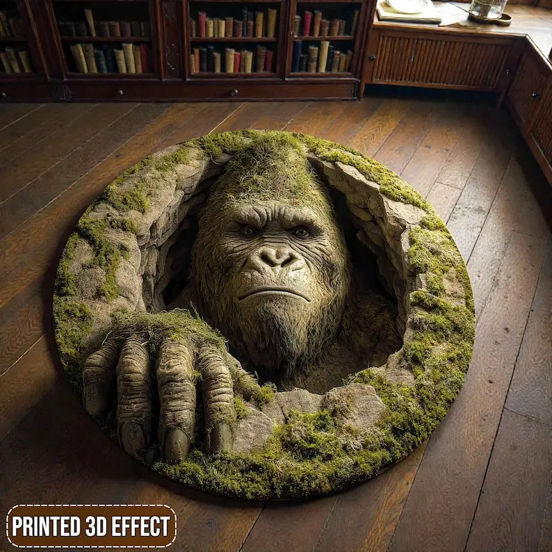 Bigfoot 3D Illusion Round Rug Rustic Forest Sasquatch Optical Illusion Non-slip Floor Mat for Cabin Living Room Home Decor