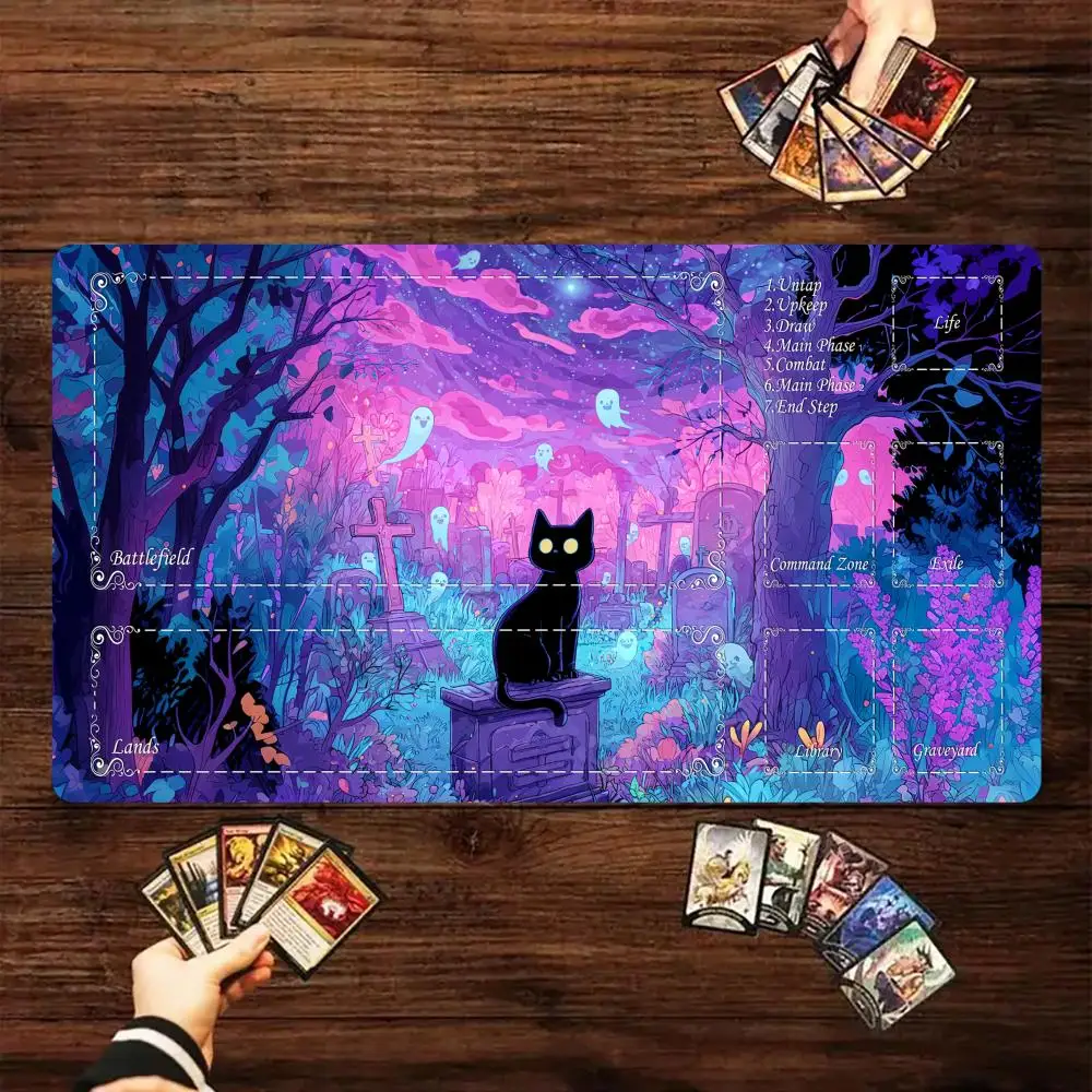 

Neon-style black cat and ghost Magic Card Battle Mat MTG Playmat Anti-slip Base gathering gaming mats Board Game Mat for TCG