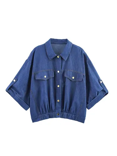 Imagen 2 del producto 2025 Traje informal de verano para mujer, camisa vaquera de manga corta con una hilera de botones, pantalones de cintura elástica, conjuntos de 2 piezas de moda