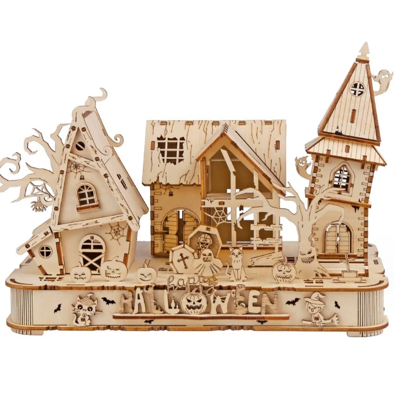 Casa assombrada de Halloween com kit DIY de quebra-cabeça de madeira 3D, decoração de mesa noturna assustadora para adultos