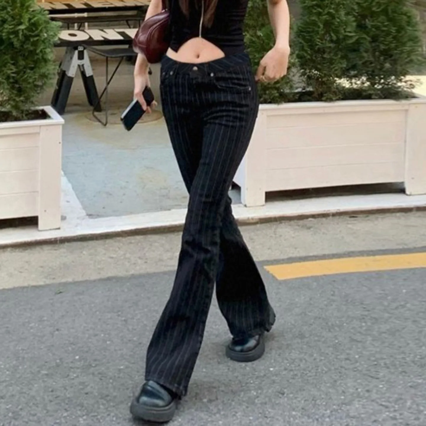 2000s Clothes Y2k Low Rise Boot Cut Jeans Woman Casual Black Striped Denim Trou… - Image 4