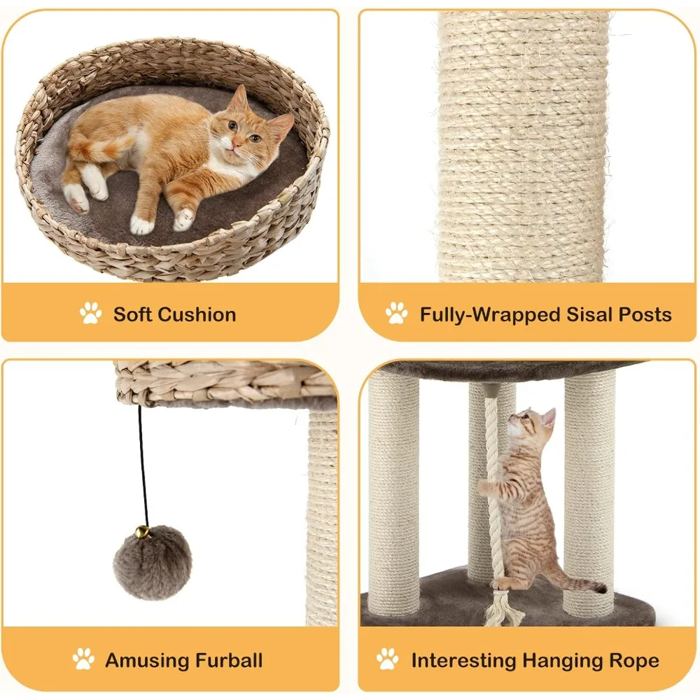 Modern Cat Tree for Indoor Cats,Multi-Level Cat Tower with Scratching Posts,Hand-Made Wicker Cat Condo&Top Perch,Dangling Ball