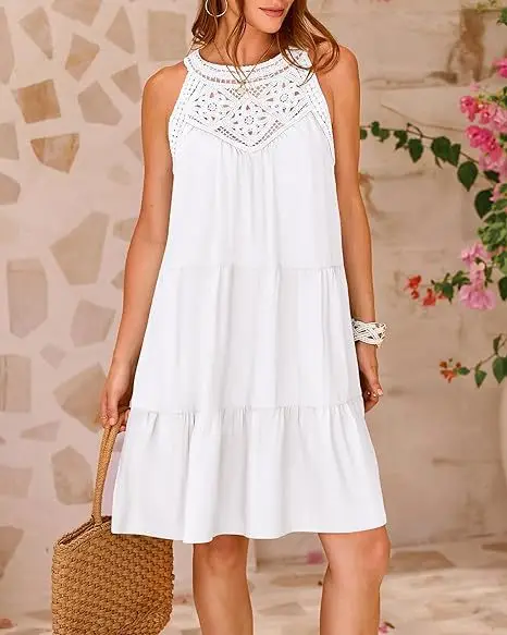 Summer Women's Dress Sleeveless Halter Neck Hollow Patchwork Girl Loose Fashion Vacation Casual Date Beach Mini Skirt