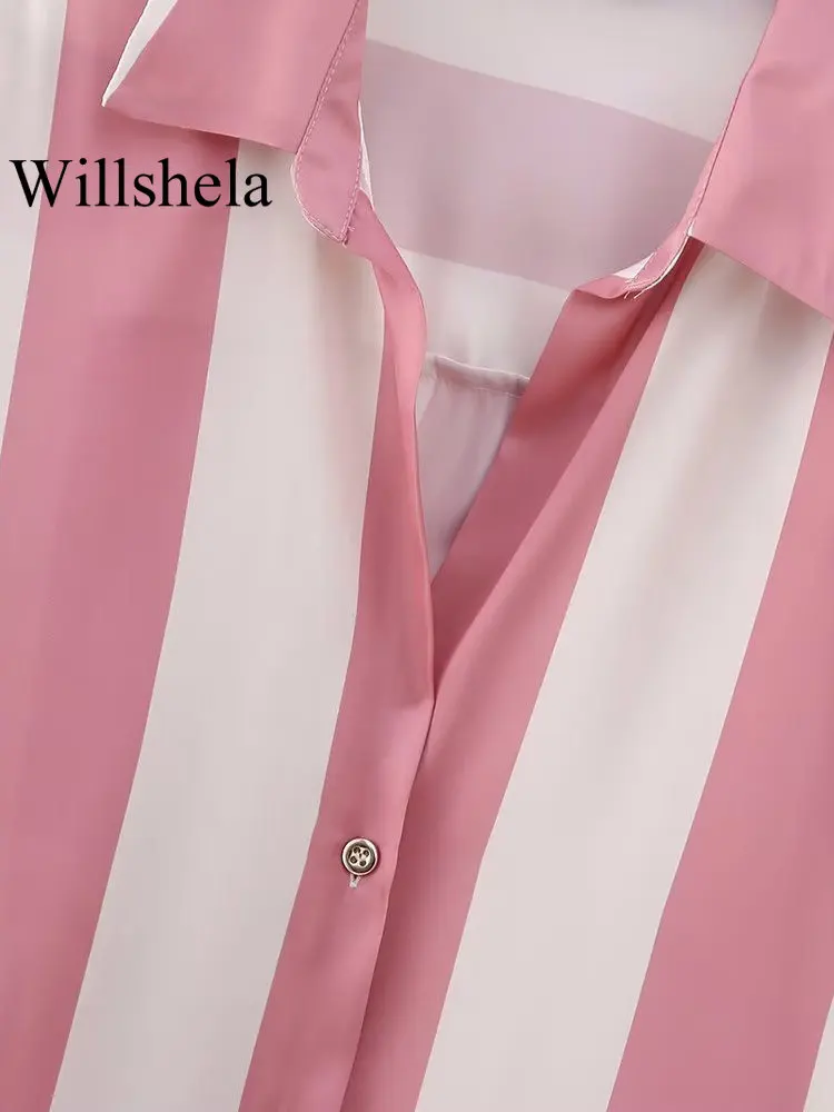 Willshela Women Fashion Satin Striped Single Breasted Loose Blouse Vintage Lapel Neck Long Sleeves Female Chic Lady Shirts