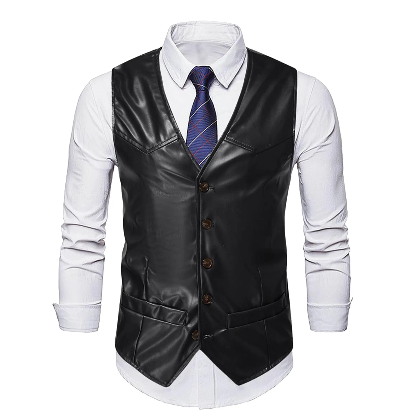 Men's Retro PU Leather Vest For Male Formal Business Suit Vest Autumn Fashion Men Stylish Steampunk Vest Black Brown Waistcoat