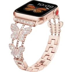 Apple Watch 밴드 용 여성용 나비 스트랩 49mm 41 45 40 44 38 42mm Iwatch 시리즈 9 8 7 SE 6 5 용 블링 다이아몬드 금속 팔찌