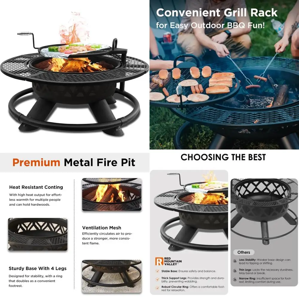 

47" large outdoor wood-burning fire pit with adjustable grill and dual-purpose bowl for patio use