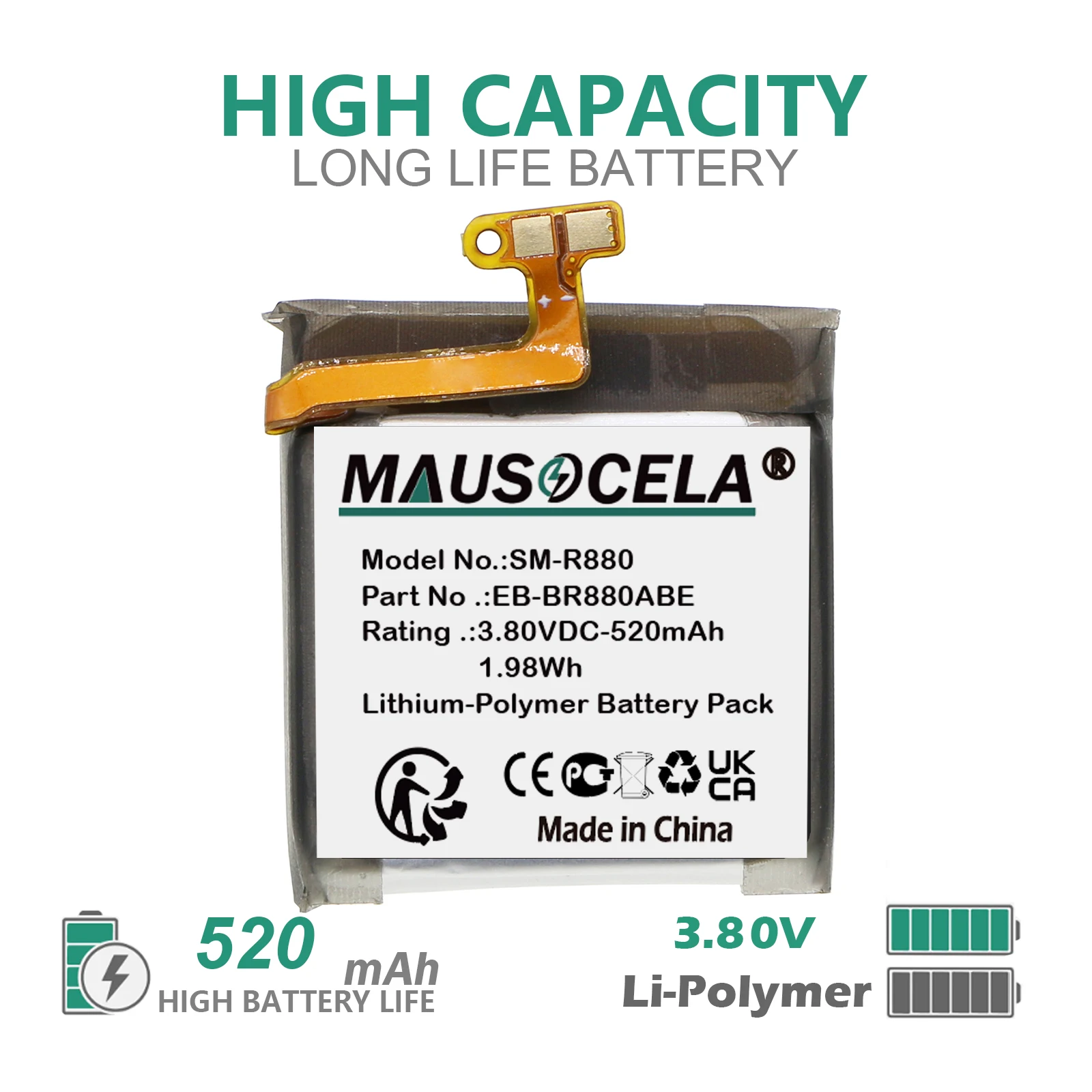 

520mAh Smartwatch Battery For Samsung:SM-R880N,SM-R885U,SM-R865U,EB-BR860ABY,EB-BR880ABE,EB-BR880ABY,GH43-05068A,Galaxy Watch 4