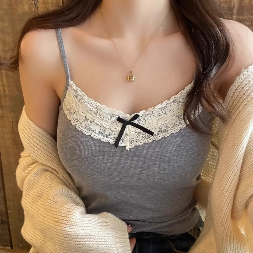 Elegant Lace Trim Tank Top Women Cotton Built In Bra Cami Summer Sexy Sleeveless V Neck Soft Essential Basic Layer Vest