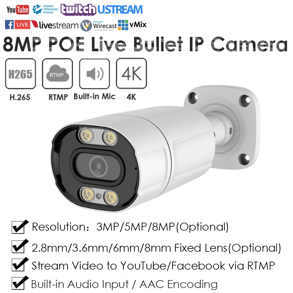 Cámara IP 4K de 8MP IMX415 POE RTMP, luz Dual IR a todo Color para transmisión en vivo, Video Push a YouTube, Facebook, Onvif, para interiores y