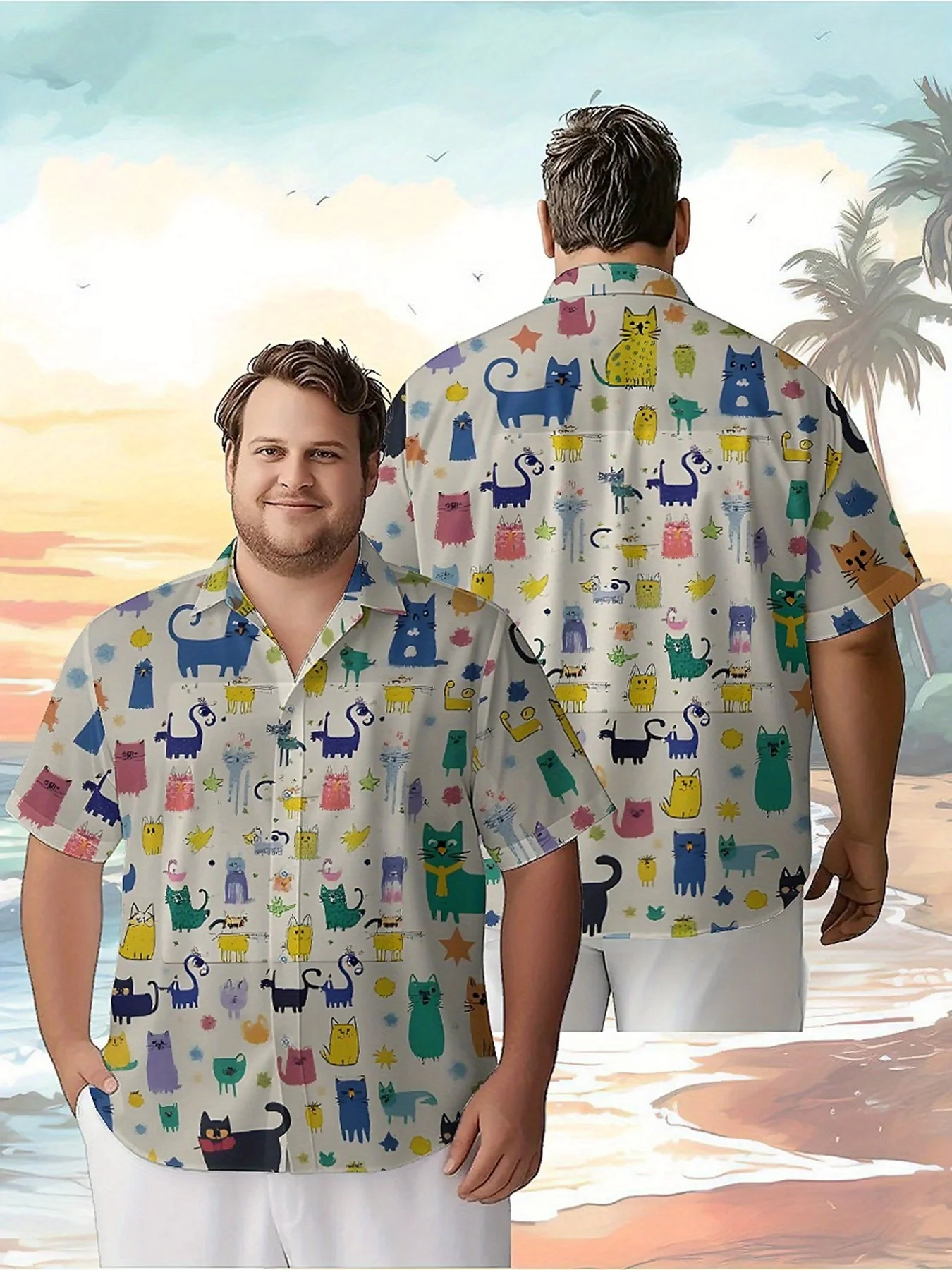Men's Plus Size Hawaiian Shirts Colorful Cats Pattern, Unisex Aloha Shirts,New Summer Tops Tee,streetwear