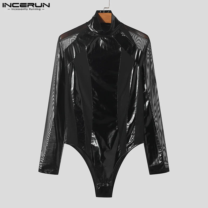 2024 męskie body siatkowy Patchwork golf typu Streetwear z długim rękawem męskie pajacyki przezroczyste body Fitness INCERUN
