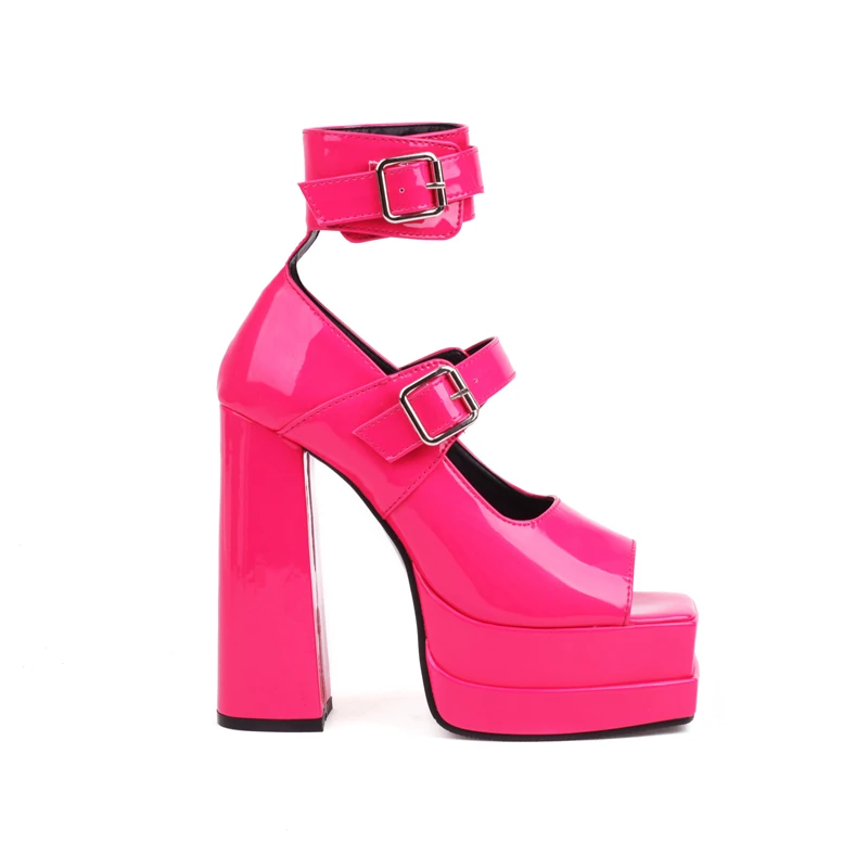 القوطية نمط مثير وعصري اللمحة تو الكاحل حزام الشرير صنادل طراز جلاديتور سميكة القاع منصة سوبر عالية الكعب أحذية الحفلات