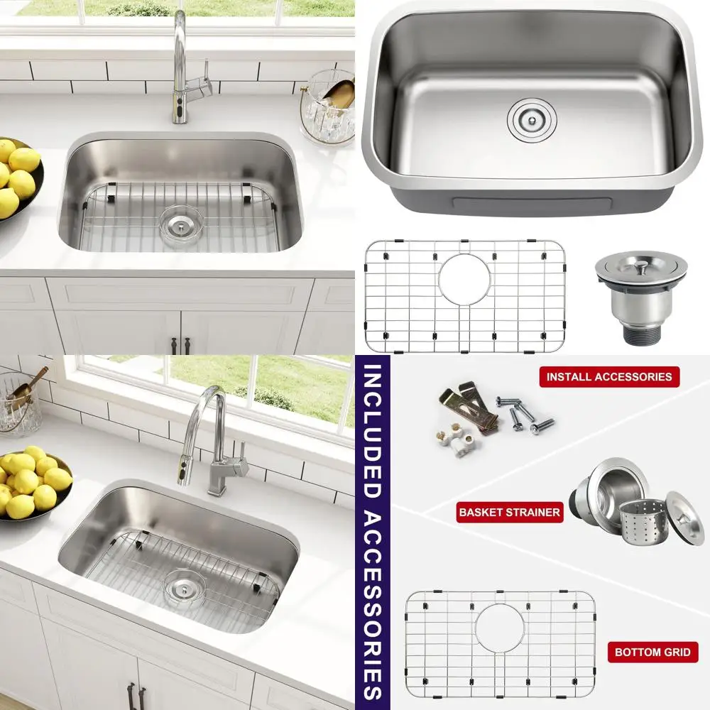 

27 Inch Undermount Single Bowl Stainless Steel Kitchen Sink with Curved Arc Design, Basket Strainer & Bottom Grid