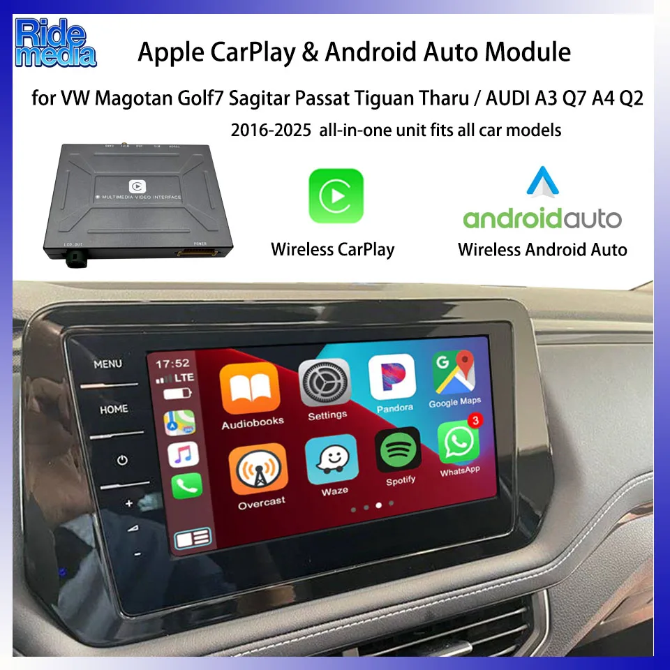 RideMedia Wireless Android-auto CarPlay Solution for Volkswagen & AUDI MQB MIB 2016-2025 Golf8 Passat Tiguan Tharu A3 Q7 A4 Q2