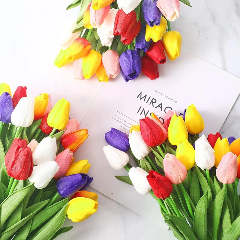 Ramo de Tulipanes Artificiales Vibrantes Multicolores de 33 cm, Flores Artificiales de Tacto Real para Decoración del Hogar, Oficina, Bodas y Pascua, 5/10/20 Piezas