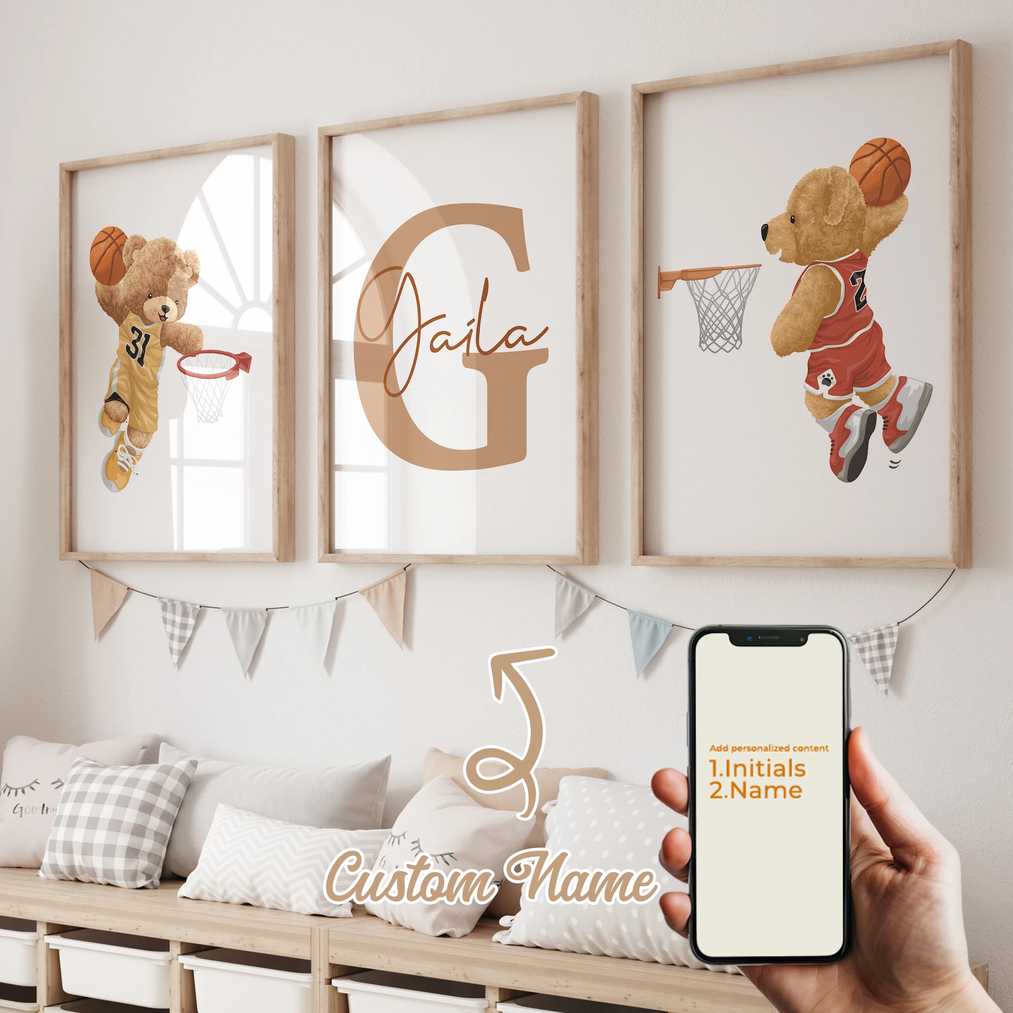 

3pcs Bear Basketball Sports Name Customization Wall Art Prints Canvas Painting Poster Picture For Living Bed Room Home Decor