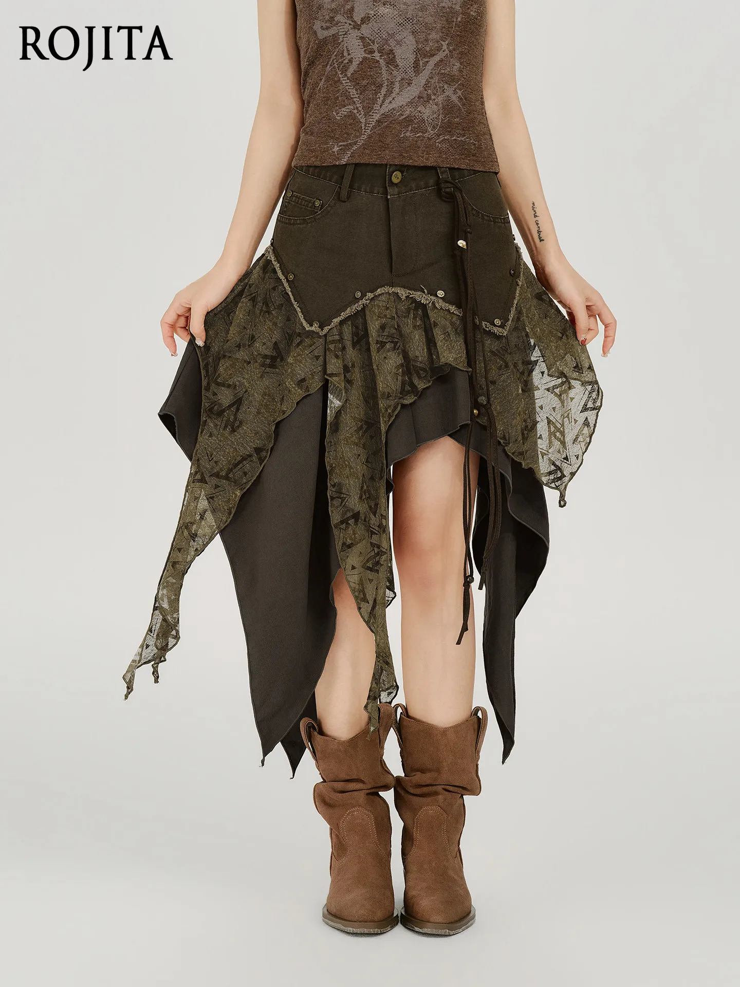 

Y2K Punk Asymmetrical Denim Skirt Grunge Ruffle Tiered Skirt Spice Girl Irregular Denim Skirt Women's Spring New Design Skirts