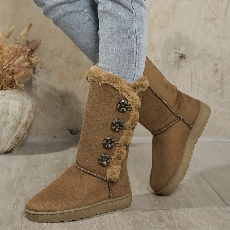 Stivali da neve con bottoni donna inverno stile coreano testa tonda Plus Size scarpe in cotone scarpe basse in pile caldo Bota Cano Curto Femenina