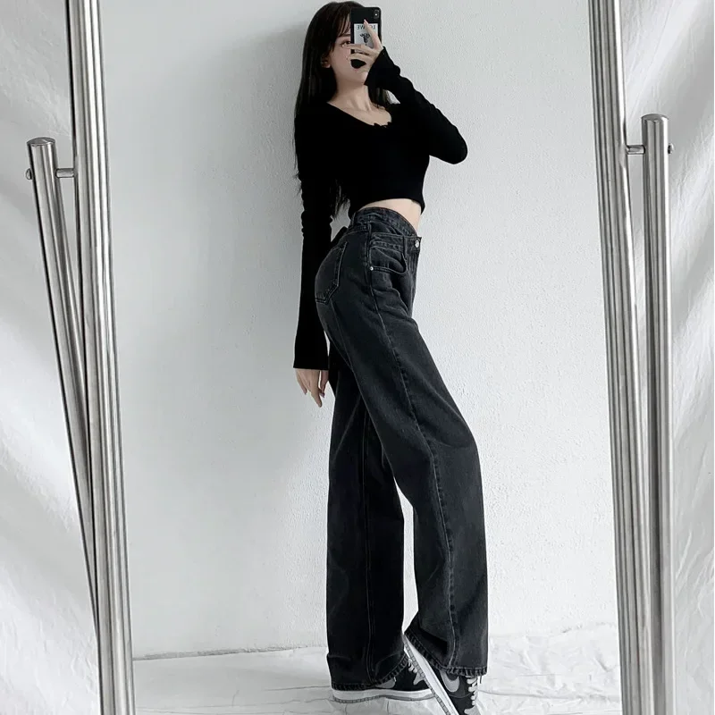 Spodnie z szerokimi nogawkami Damskie dżinsy w stylu vintage Wysoka talia Luźny krój Podstawy Pełna długość Kieszenie Guzik 2025 Casual Denim Proste spodnie — zdjęcie 4