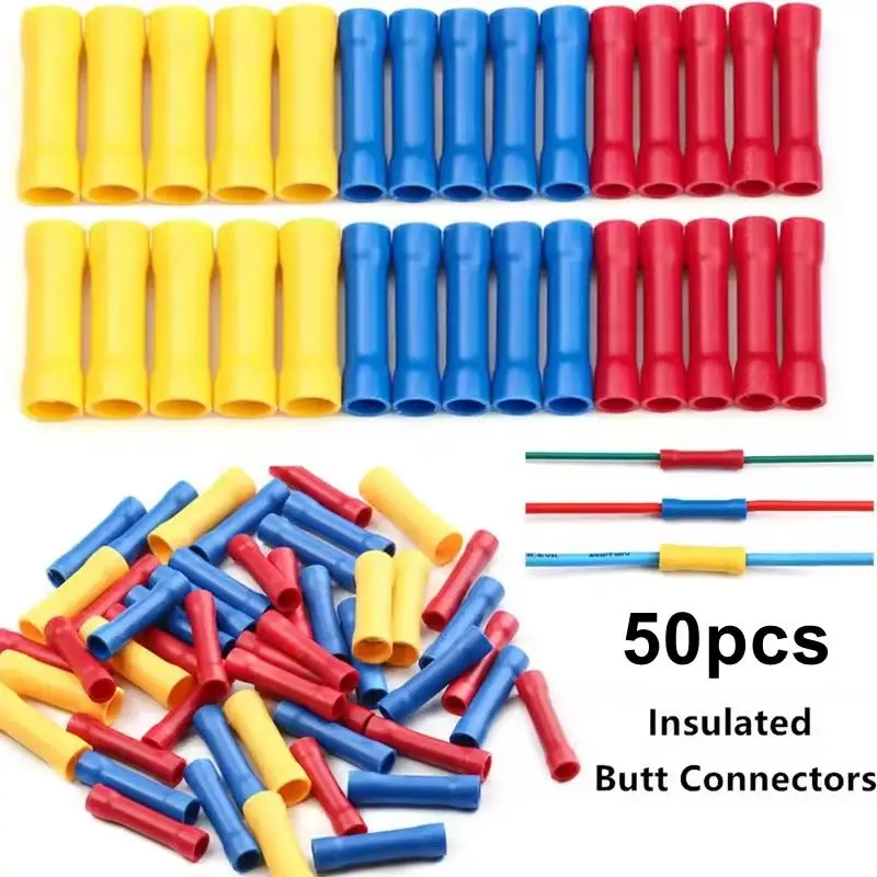 50Pcs Cold Press Terminal Assorted Butt Connector Insulated Crimp Terminals Electrical Cable Wire Connectors