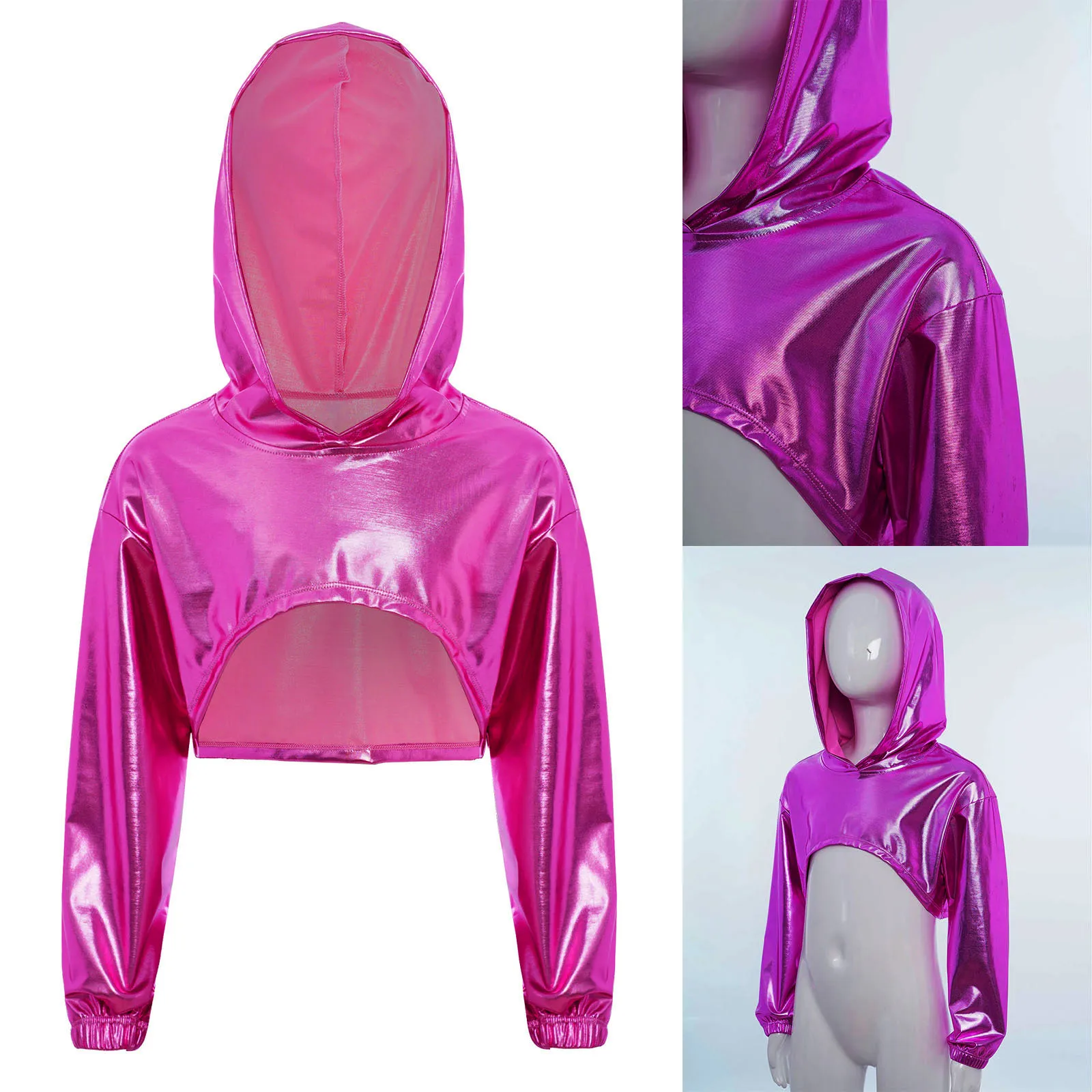Kids Girls Metallic Hoodie Coat Long Sleeve Asymmetrical Cropped Hooded Top Hip-Hop Jazz Dance Performance Costume Streetwear