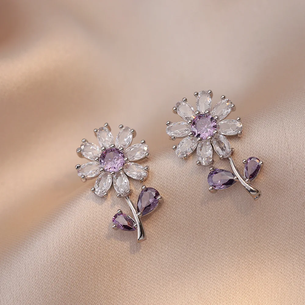 Ins Plant Sunflower Stud Earrings Pendants Silver Gold Color Chains Necklaces For Women Purple Zircon Collar Jewelry Sets Gifts