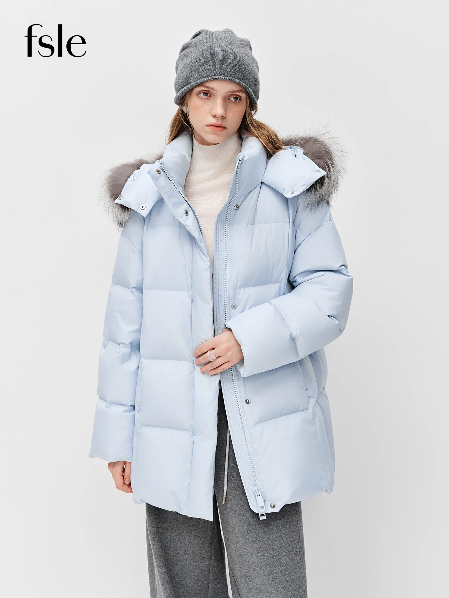 FSLE 2025 شتاء جديد المرأة الثعلب الفراء طوق طويل أسفل معطف سميكة مقنعين الدافئة سترة منفوخة الشتاء ملابس خارجية معطف غير رسمي