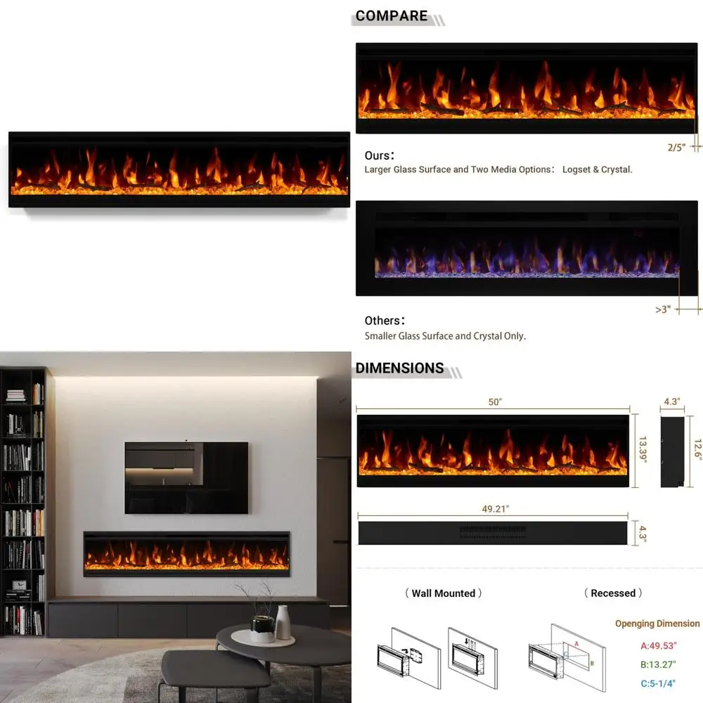 Inserto para chimenea eléctrica delgada montado en la pared de 50 pulgadas con marco ultraestrecho
