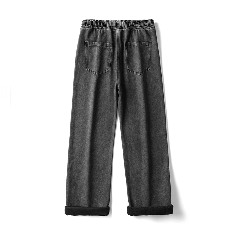 Celana Jeans Pria Musim Dingin Klasik Wol Hangat Longgar Model Kertas Lebar Modis Berbahan Fleece Tebal Beludru Pinggang Elastis