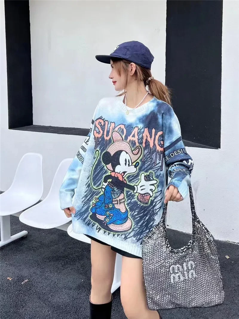 Heavy Industry Hot Diamond Tide Brand Autumn Oversized Knitted Sweater Women\'s Cartoon Printing Faux Mink Hair Top Autumn Winter