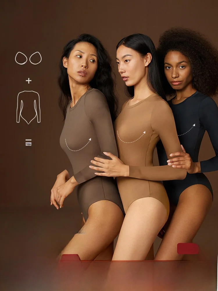 Women's Long Sleeve One-Piece Swimsuit Sporty Thermal Underwear with Chest Pad Base Layer Warm Clothing Integrated Design