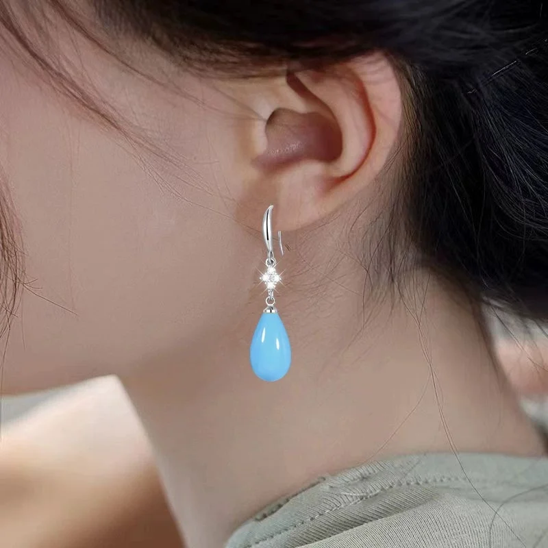 Neue Modische Jade-Ohrringe für Frauen, Tropfenförmige Weiche Jade-Ohrringe, Blaue Wassertropfen-Schmuckstücke, Vierblättriger Klee Edelstein-Schmuck – Detail 6