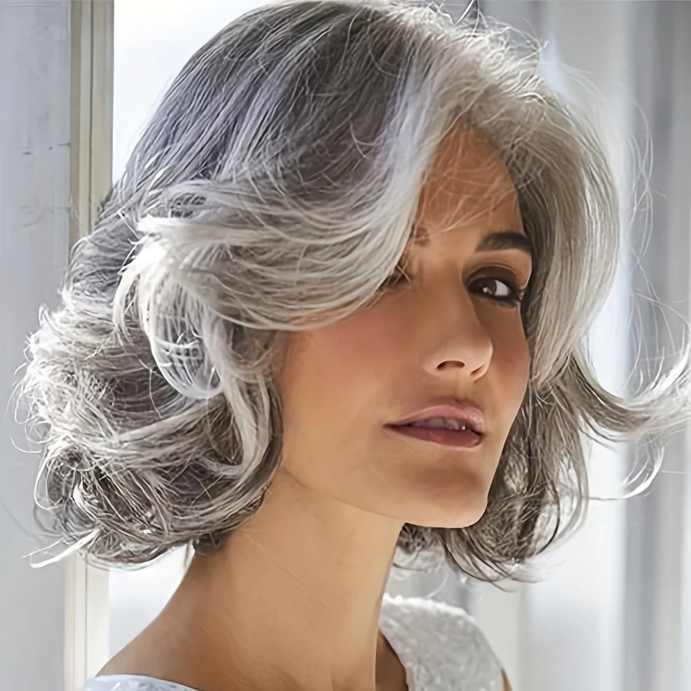 

Short Silver Grey Synthetic Curly Wig For White Women For Daily Costume Party Holiday Dating Festivals Dating Carnivals