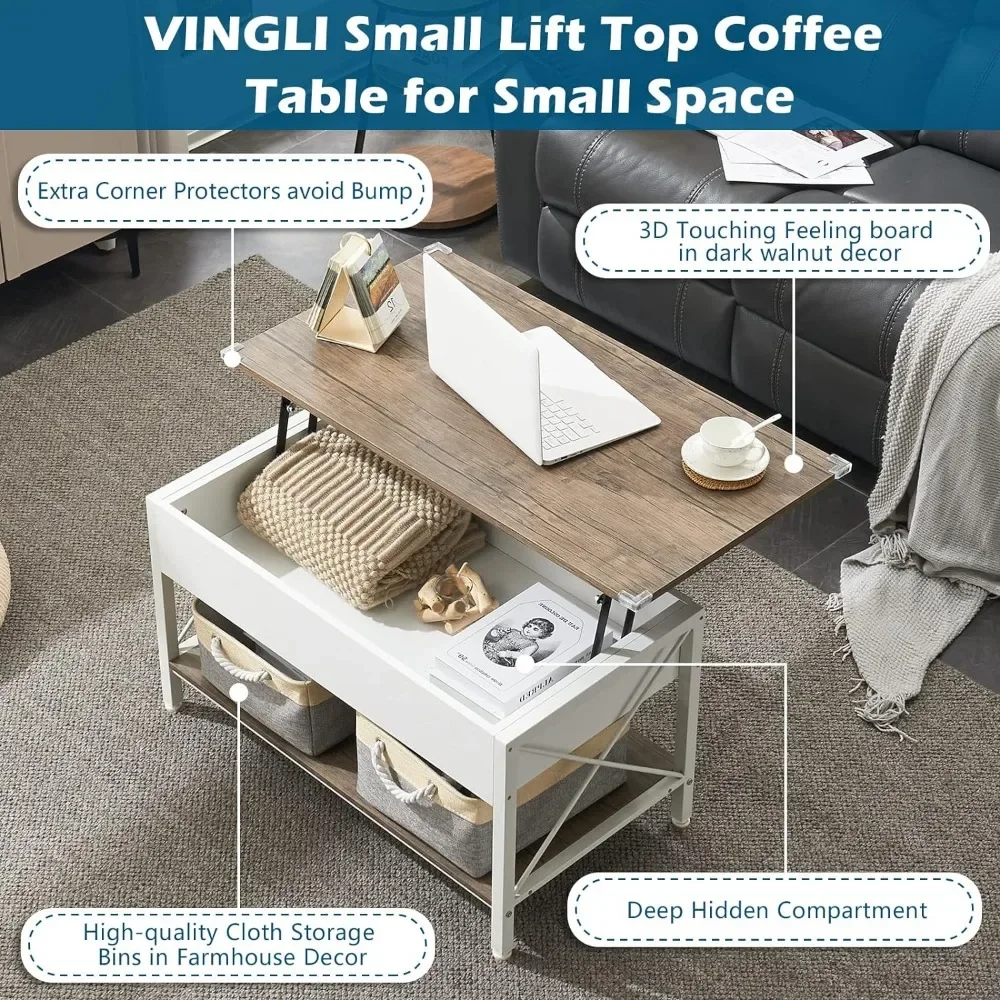 Mesa de centro moderna pequena para espaço pequeno em estilo minimalista Mesa de centro elevatória de 36 "com caixas de armazenamento de pano grátis Café