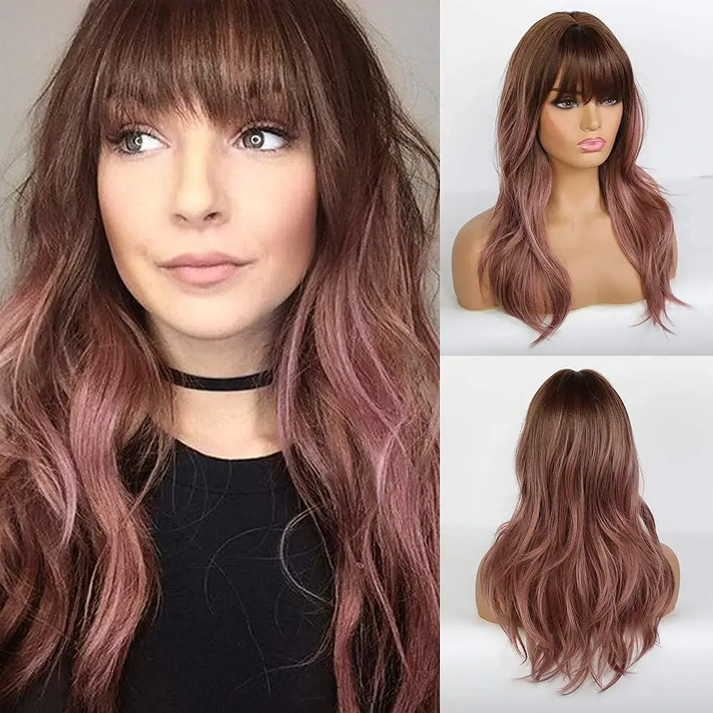 

Long Wavy Wigs with Air Bangs Purple Pink 20 Inch Natural Curly Hair Ombre Wigs for White Women Daily Party Use