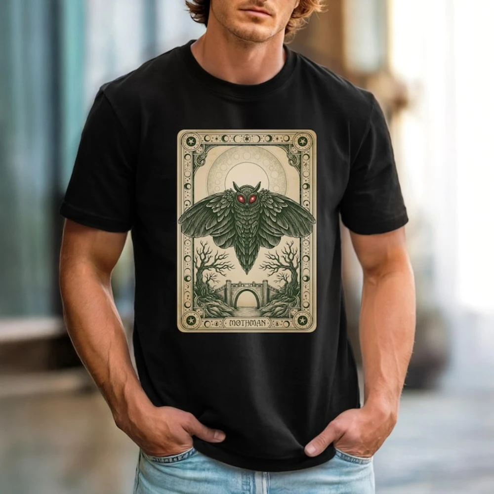 Mothman Tarot T-shirt Cryptid Graphic Tee Mythical Creature Paranormal Clothing Occult Fashion Mens Daily Life Cotton Tshirt
