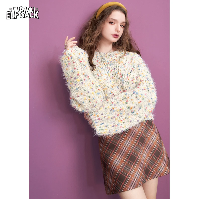 ELFSACK Colorful Dots Knitwears Woman 2023 Autumn/Winter Loose Long Sleeve Casual Outwears