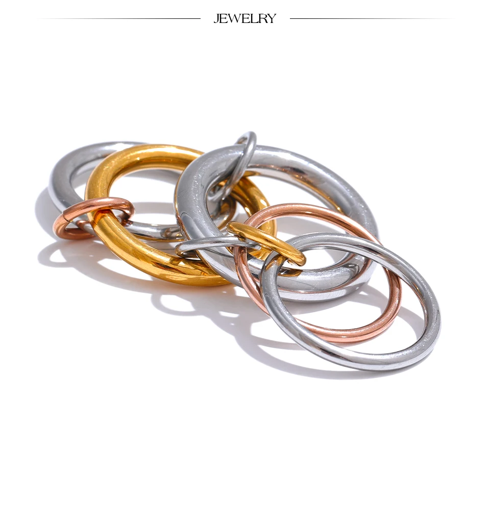 Yhpup Edelstahl, 3 Farben, 5 Glieder, gestapelte Ringe, PVD-Schmuck, echt vergoldet, für Damen – Detail 7