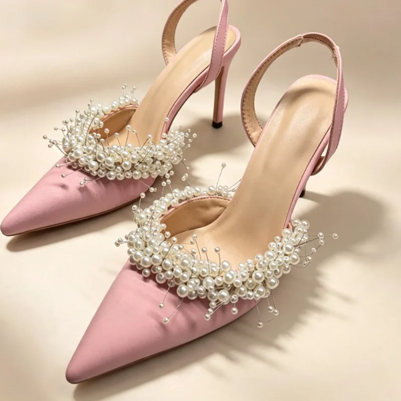 Elegant String Bead Slingback High Heel Pumps Pink Black Blue Silk Satin Cloth Pointed Toe Evening Banquet Shoes