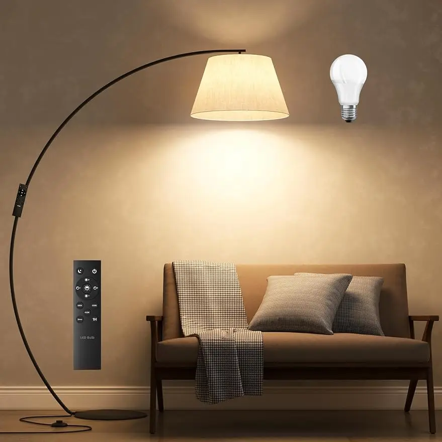 Arc Floor Lamp,  Dimmable E26 Base Bulb and Adjustable Lampshade, LED Hanging Lamp with Remote and Foot Switch