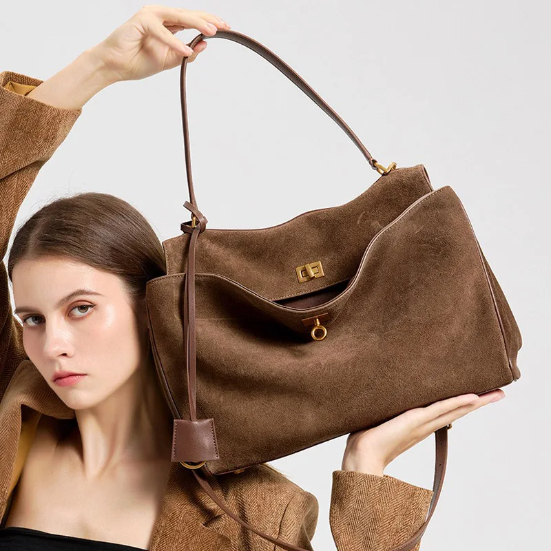2026 New Large Capacity Commute Tote Bag Women Frosted Cowhide Shoulder Bags Female High-Grade Genuine Leather Handbag